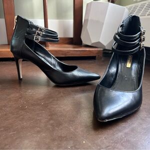 BCBG generation opera size 7.5 heels with triple ankle strap, black leather.